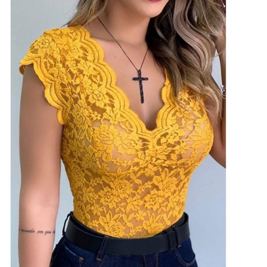 Urban Seduction Lace Cap Sleeve Scalloped Top Castello Clothing Line