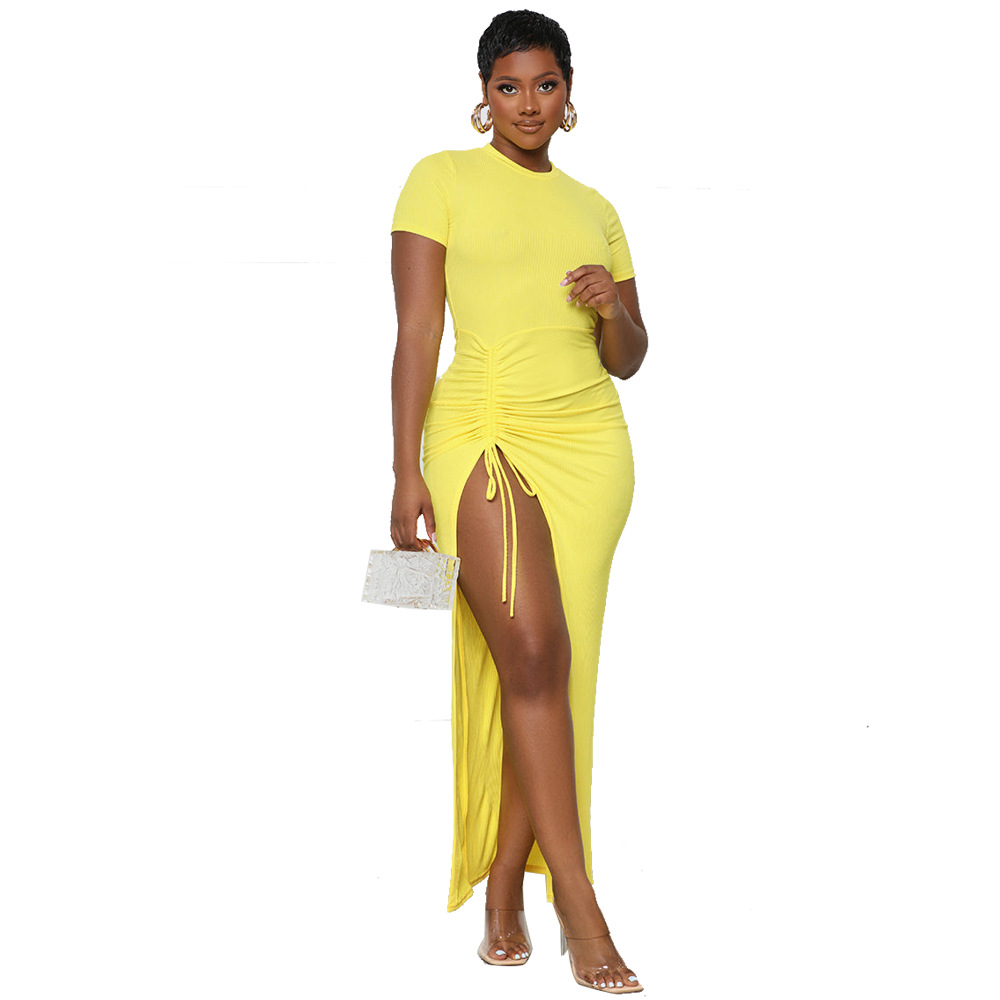 Callista Ruched Drawstring Slit Bodycon Maxi Dress maxi dress Castello Clothing Line