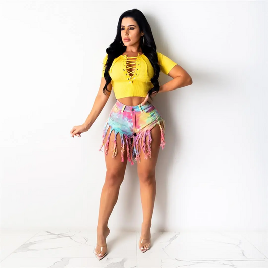 Festival Frenzy High Rise Tie Dye Fringe Denim Shorts  Castello Clothing Line   