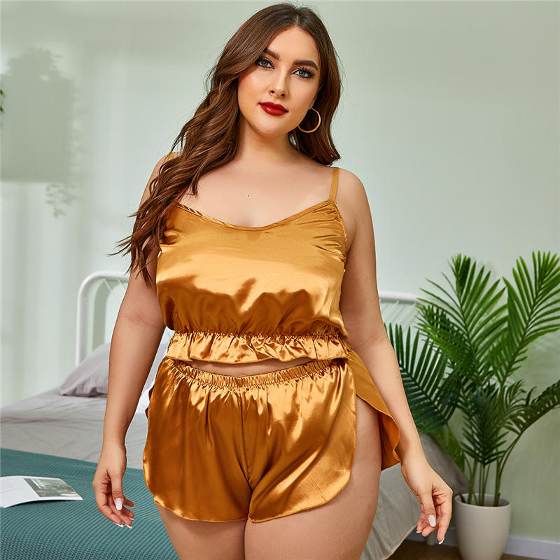 Golden Glow Plus Size Satin Cami and Shorts Lounge Set  Castello Clothing Line   