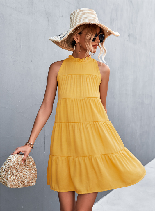 Sara Tiered Ruffle High-Neck Sleeveless Mini Dress Castello Clothing Line