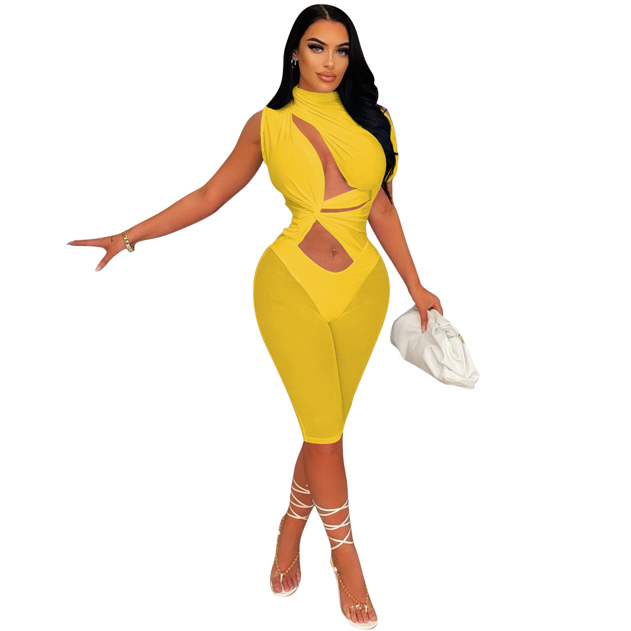 Midnight Mirage Cutout High-Neck Biker Romper  Castello Clothing Line   