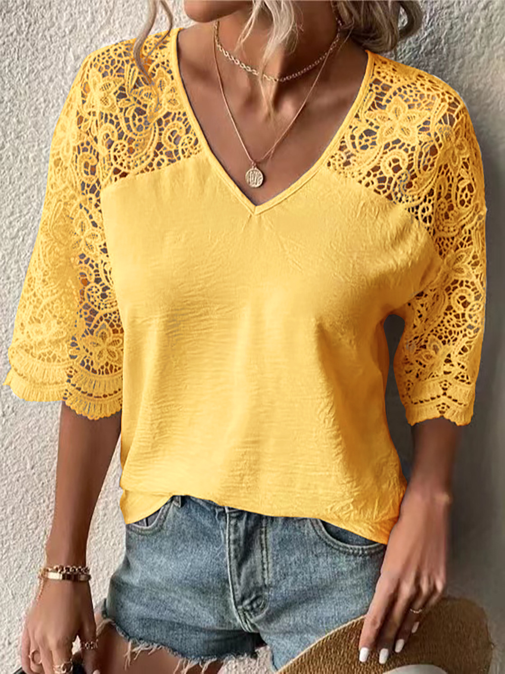 Starlight Lace Three-Quarter Sleeve V-Neck Blouse Castello Clothing Line