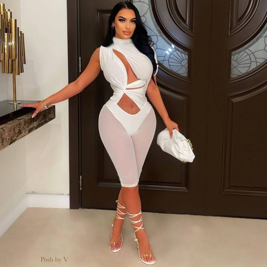 Midnight Mirage Cutout High-Neck Biker Romper  Castello Clothing Line   