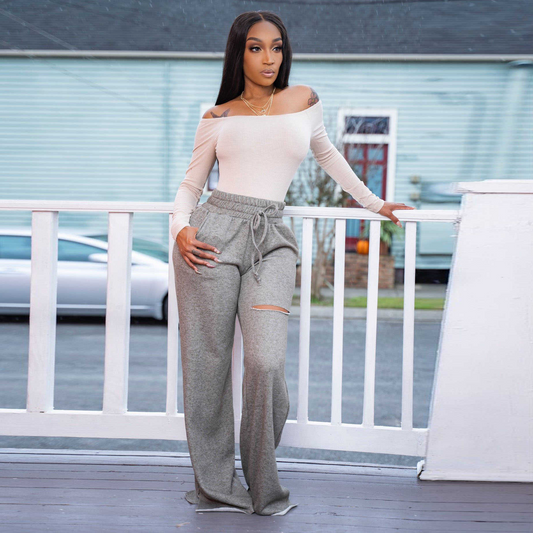 Strike High-Waisted Wide Leg Drawstring Distressed Sweatpants Castello Clothing Line