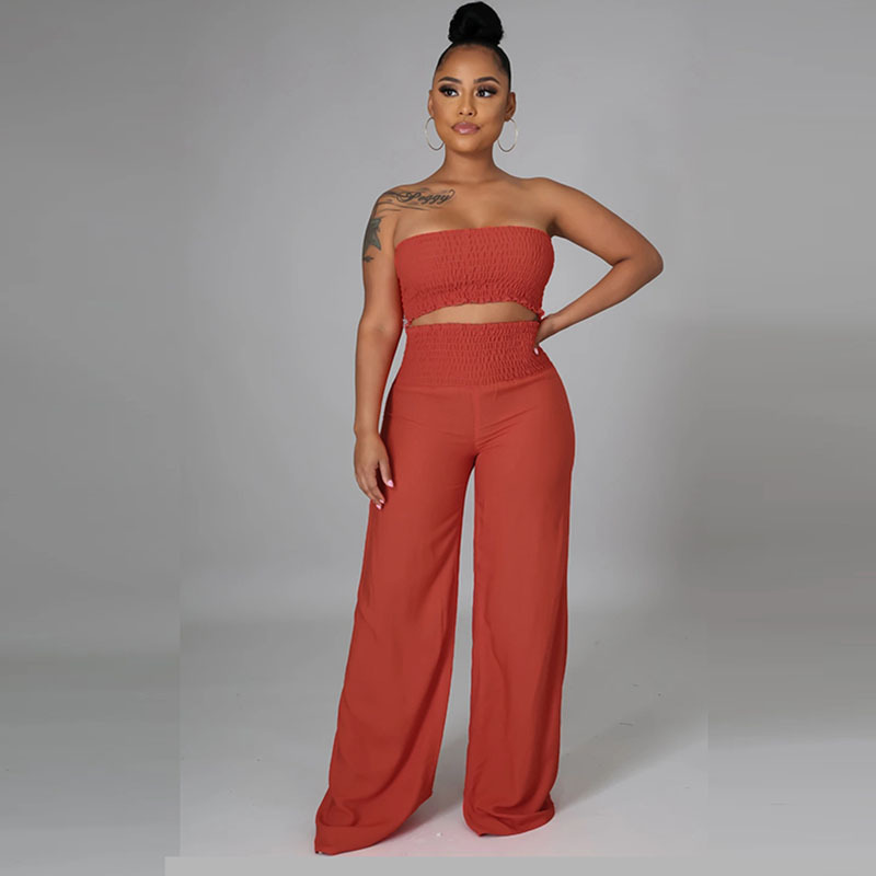 Smock Tube Top and Wide Leg Pants Set  Castello Clothing Line   