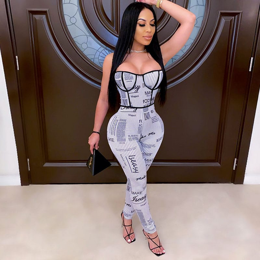Nia Spaghetti Strap Printed Corset Bodycon Jumpsuit women jumpsuits Castello Clothing Line