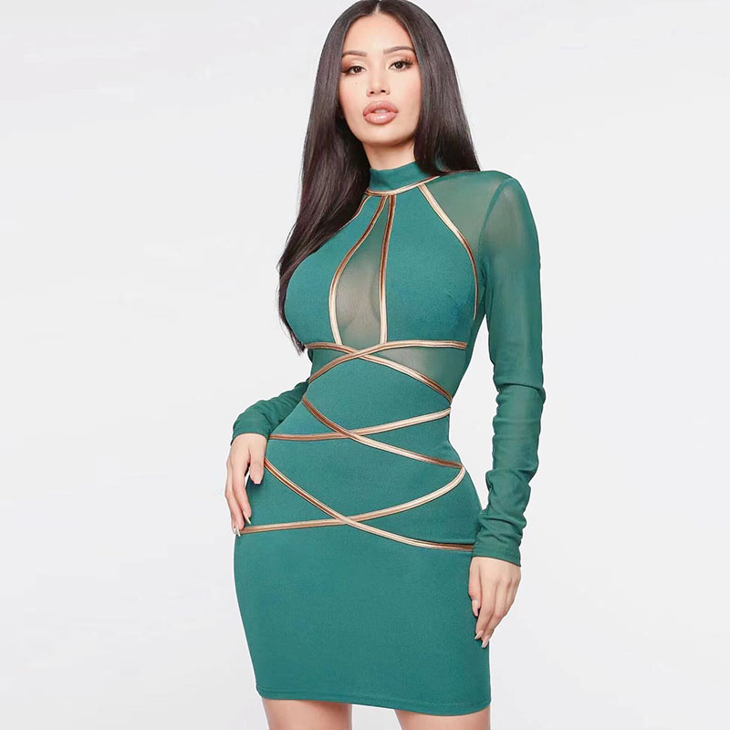 Valencia Sheer Long Sleeve Strappy Bodycon Mini Dress Castello Clothing Line