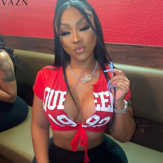 Queen Vibes Red Tie-Front Crop Top  Castello Clothing Line   