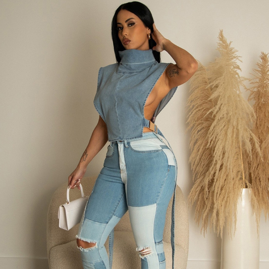 Daredevil Denim Cutout Crop Top  Castello Clothing Line   