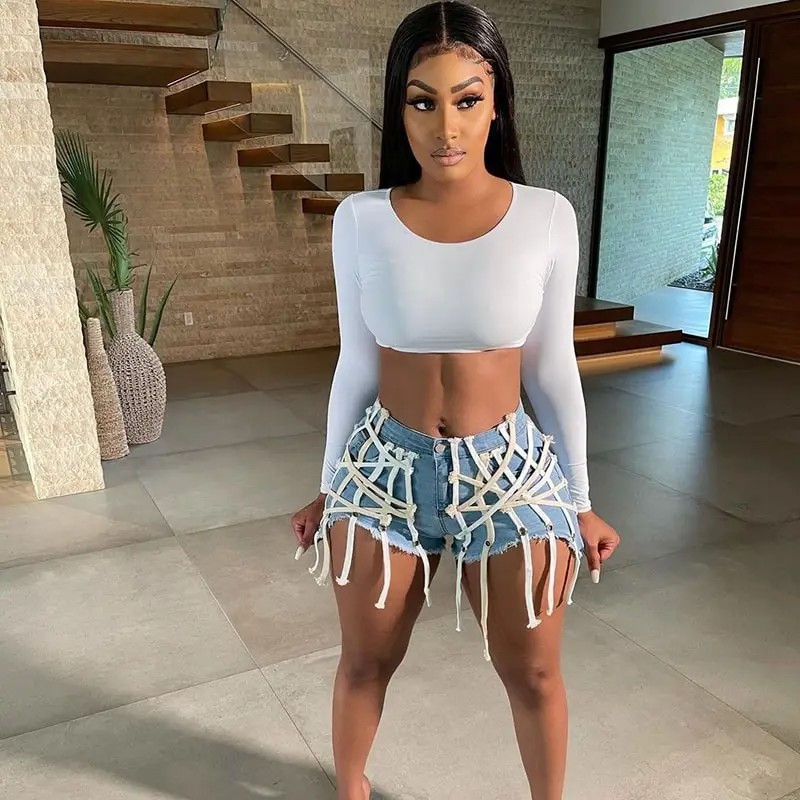 UrbanCage High-Waist Strappy Cutout Denim Shorts  Castello Clothing Line   