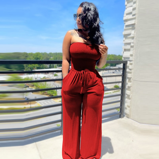 Anika Strapless Smocked Wide Leg Jumpsuit women jumpsuits Castello Clothing Line
