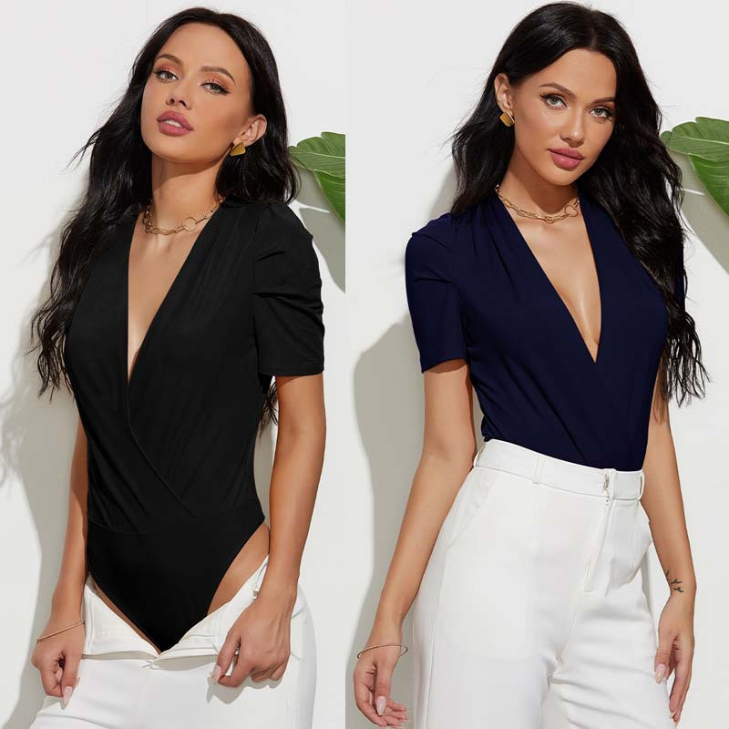 Cross the Line Wrap V-Neck Bodysuit  Castello Clothing Line   
