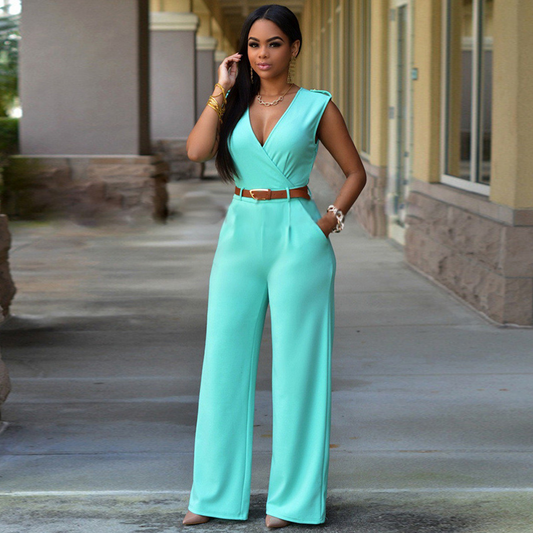 Lacey Sleeveless Wrap Belted Wide Leg Jumpsuit women jumpsuits Castello Clothing Line