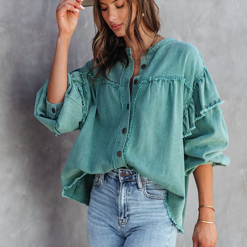 Elevate Frayed Ruffle Button-Up Oversized Denim Shirt Castello Clothing Line