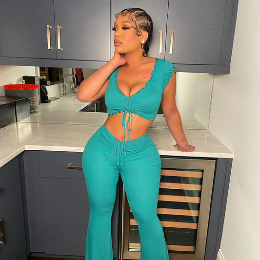 Ruched Crop Top & Flared Pants Set - Trendy 2-Piece Outfit  Castello Clothing Line   