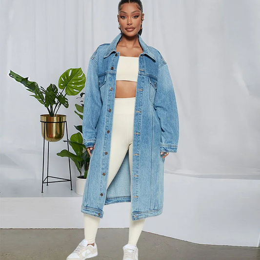 EdgeStride Longline Oversized Button-Up Trench Denim Jacket Castello Clothing Line