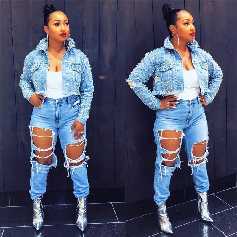 Studded Distressed Cropped Denim Jacket  Castello Clothing Line   