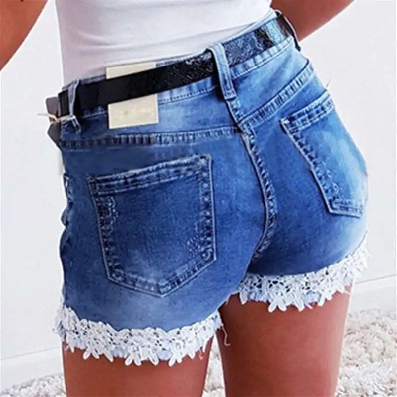 Flirt High-Waist Denim Lace Trim Shorts  Castello Clothing Line   