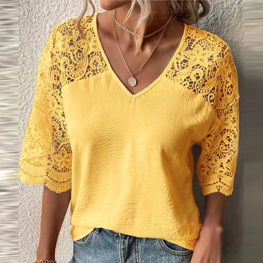 Starlight Lace Three-Quarter Sleeve V-Neck Blouse Castello Clothing Line