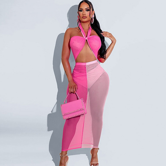 Sheer Color Block Halter Dress with Cut Out Back - Midi Dress  Castello Clothing Line   