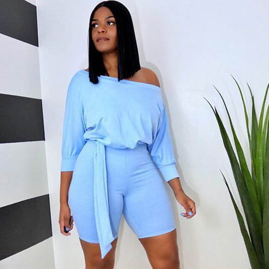 Sassy Slant Belted Off-Shoulder Romper  Castello Clothing Line   