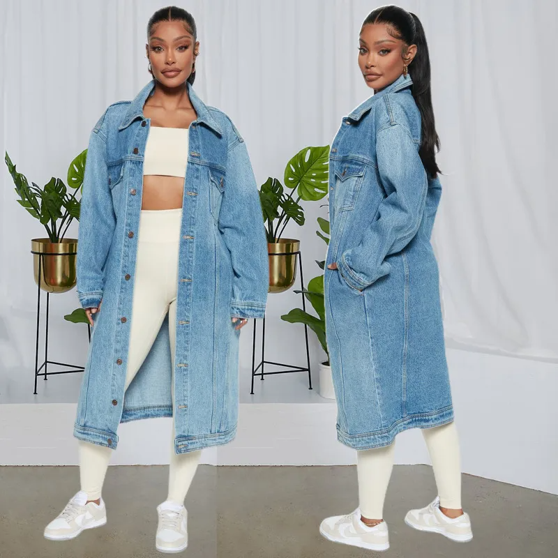 EdgeStride Longline Oversized Button-Up Trench Denim Jacket Castello Clothing Line