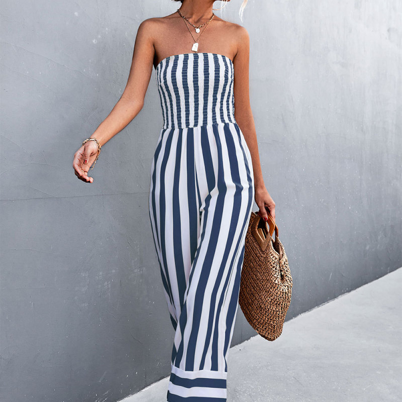 Victoria Strapless Smocked Striped Wide Leg Jumpsuit women jumpsuits Castello Clothing Line