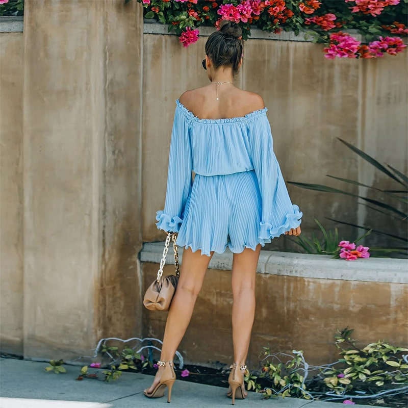 Breezy Belle Off-Shoulder Flare-Sleeve Pleated Romper  Castello Clothing Line   