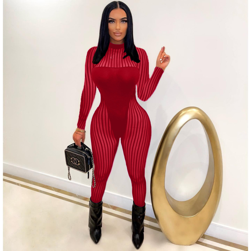 Kezia Long Sleeve Sheer Mesh Striped Bodycon Jumpsuit women jumpsuits Castello Clothing Line