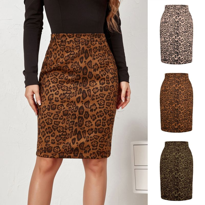 Suede Leopard Print High Waist Midi Skirt  Castello Clothing Line   