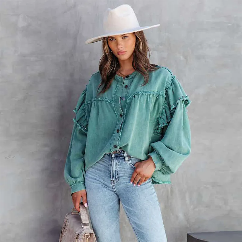 Elevate Frayed Ruffle Button-Up Oversized Denim Shirt Castello Clothing Line