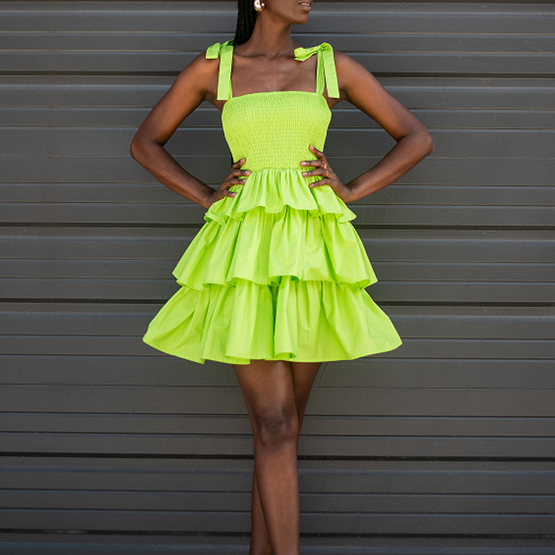 Faye Smocked Bow-Strap Tiered Ruffle Mini Sundress Castello Clothing Line