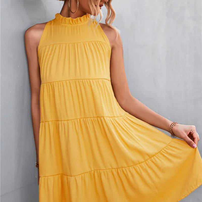 Sara Tiered Ruffle High-Neck Sleeveless Mini Dress Castello Clothing Line