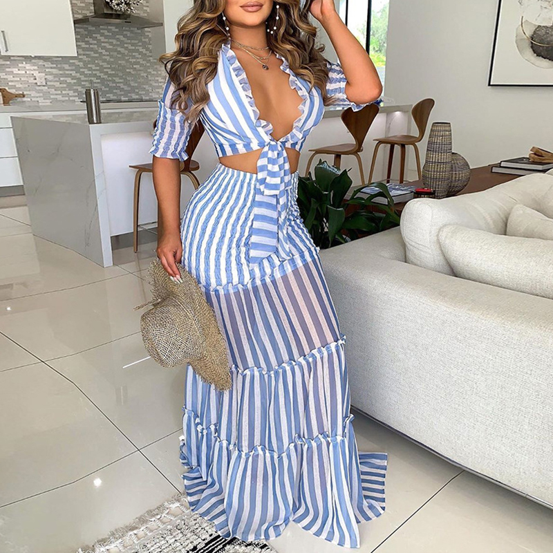 Stripe V Neck Tie Top & Maxi Skirt Set - Stylish 2-Piece Outfit  Castello Clothing Line   