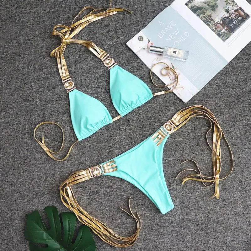 Halter Bikini Set with Gold Tassel Straps  Castello Clothing Line   