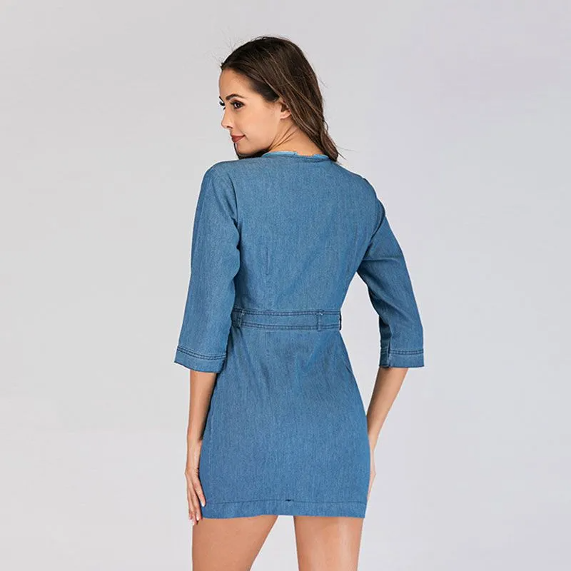 Nadia Zip-Front 3/4 Sleeve Mini Denim Dress Castello Clothing Line