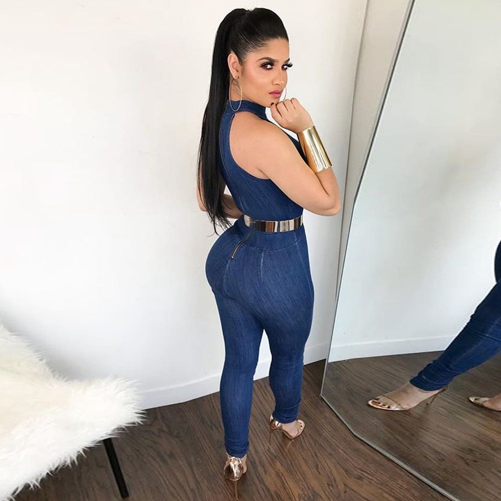 Tilly Sleeveless High Neck Denim Bodycon Jumpsuit women jumpsuits Castello Clothing Line
