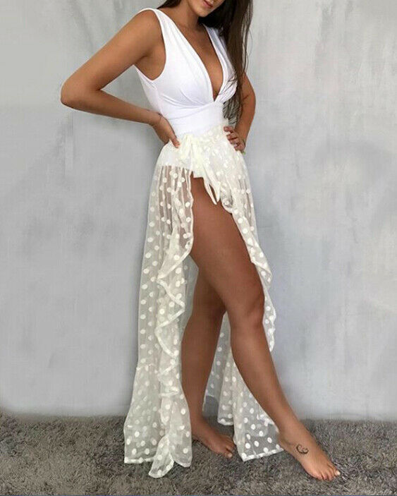 Sheer Polka Dot Ruffle Beach Skirt with High Slit  Castello Clothing Line   