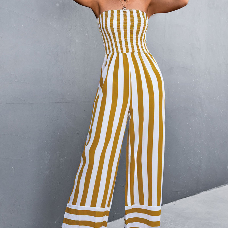Victoria Strapless Smocked Striped Wide Leg Jumpsuit women jumpsuits Castello Clothing Line
