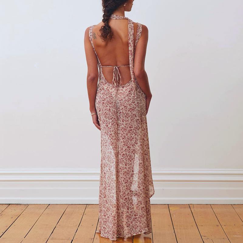 Elowen Floral High Slit Backless Asymmetrical Maxi Dress maxi dress Castello Clothing Line