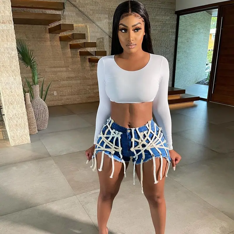UrbanCage High-Waist Strappy Cutout Denim Shorts  Castello Clothing Line   