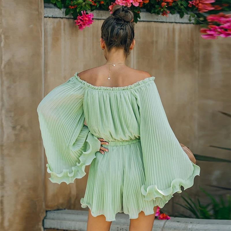 Breezy Belle Off-Shoulder Flare-Sleeve Pleated Romper  Castello Clothing Line   