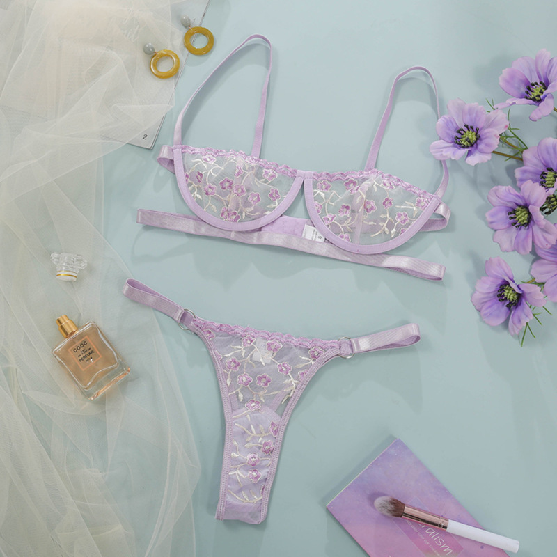 Sheer Floral Embroidery Lingerie Set  Castello Clothing Line   
