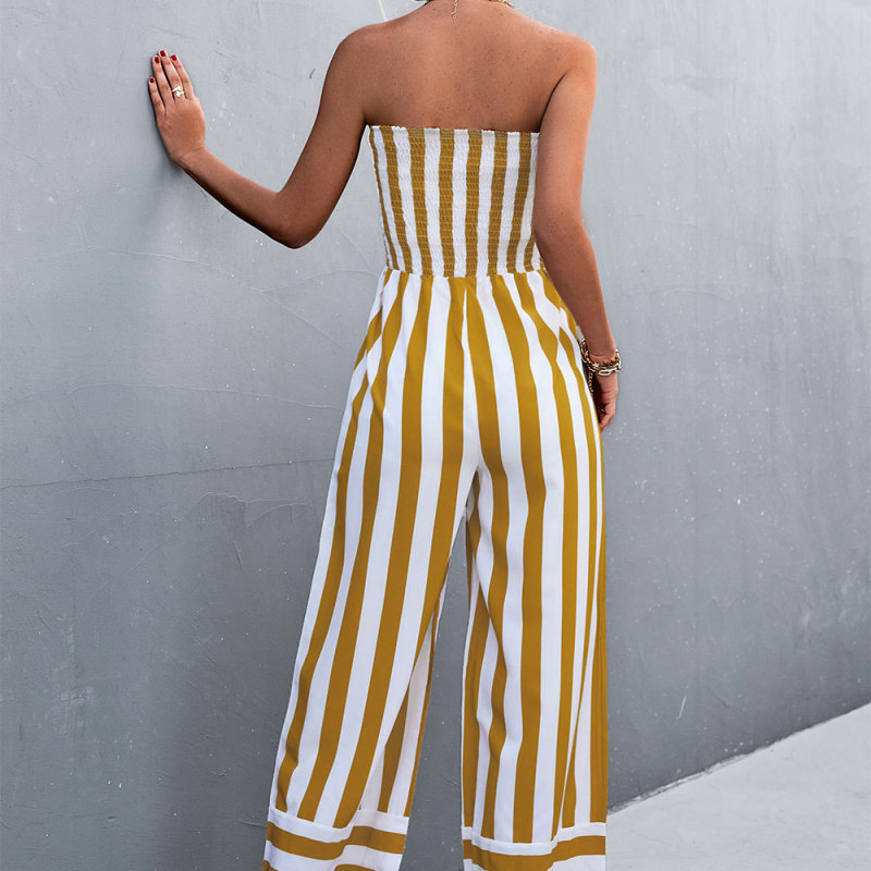 Victoria Strapless Smocked Striped Wide Leg Jumpsuit women jumpsuits Castello Clothing Line