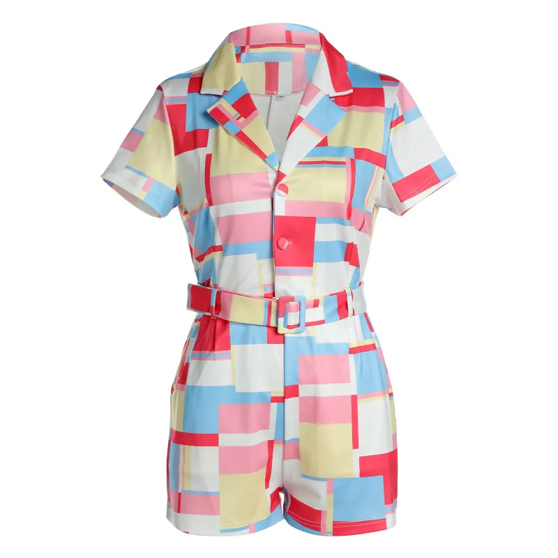 Pop Art Belted Short Sleeve Collared Romper  Castello Clothing Line   