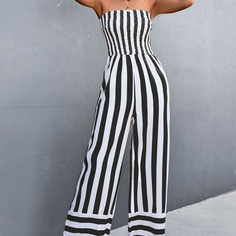 Victoria Strapless Smocked Striped Wide Leg Jumpsuit women jumpsuits Castello Clothing Line