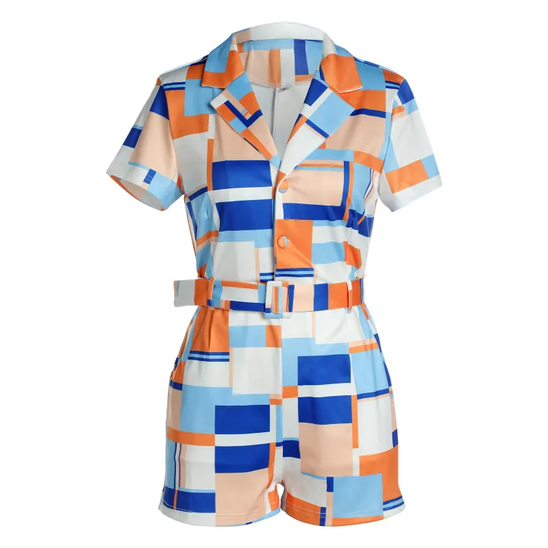 Pop Art Belted Short Sleeve Collared Romper  Castello Clothing Line   